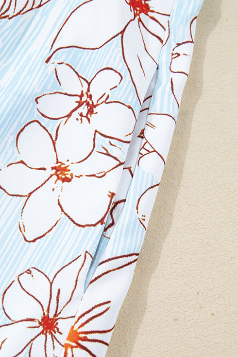 Pinstripe Floral Outline Ruffled Split Neck Long Sleeve Mini Dress